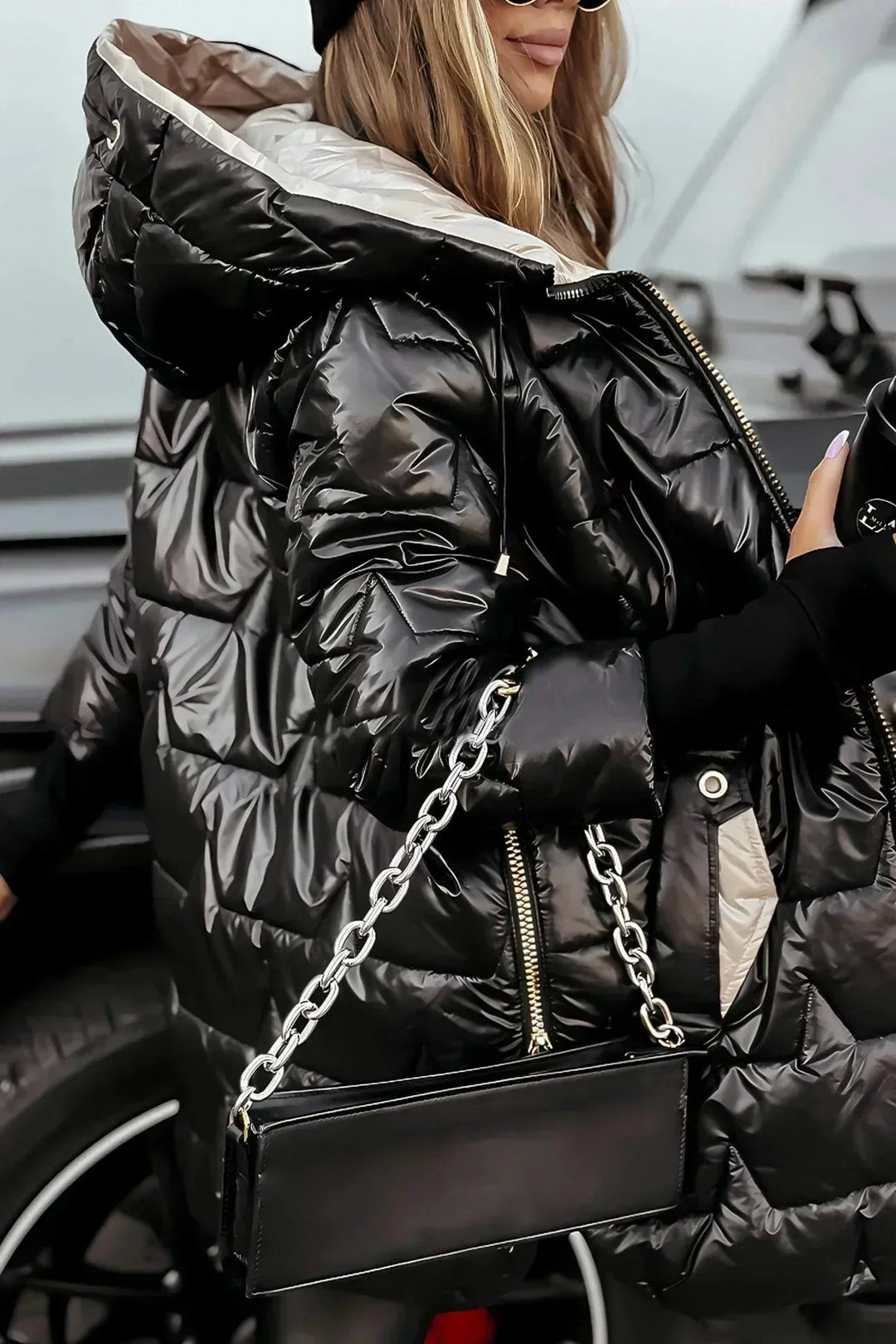 Women's Quilted Metallic Hooded Puffer Jacket – Full Zip Closure