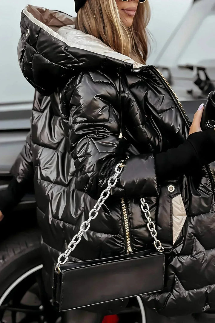 Women's Quilted Metallic Hooded Puffer Jacket – Full Zip Closure