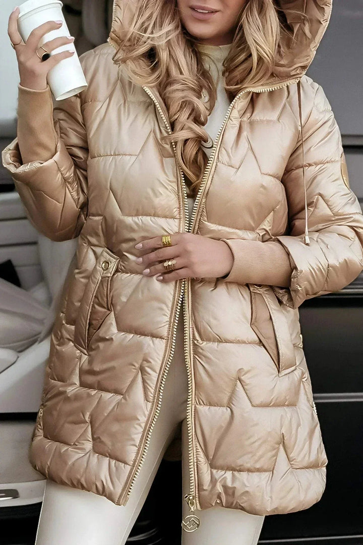 Women's Quilted Metallic Hooded Puffer Jacket – Full Zip Closure