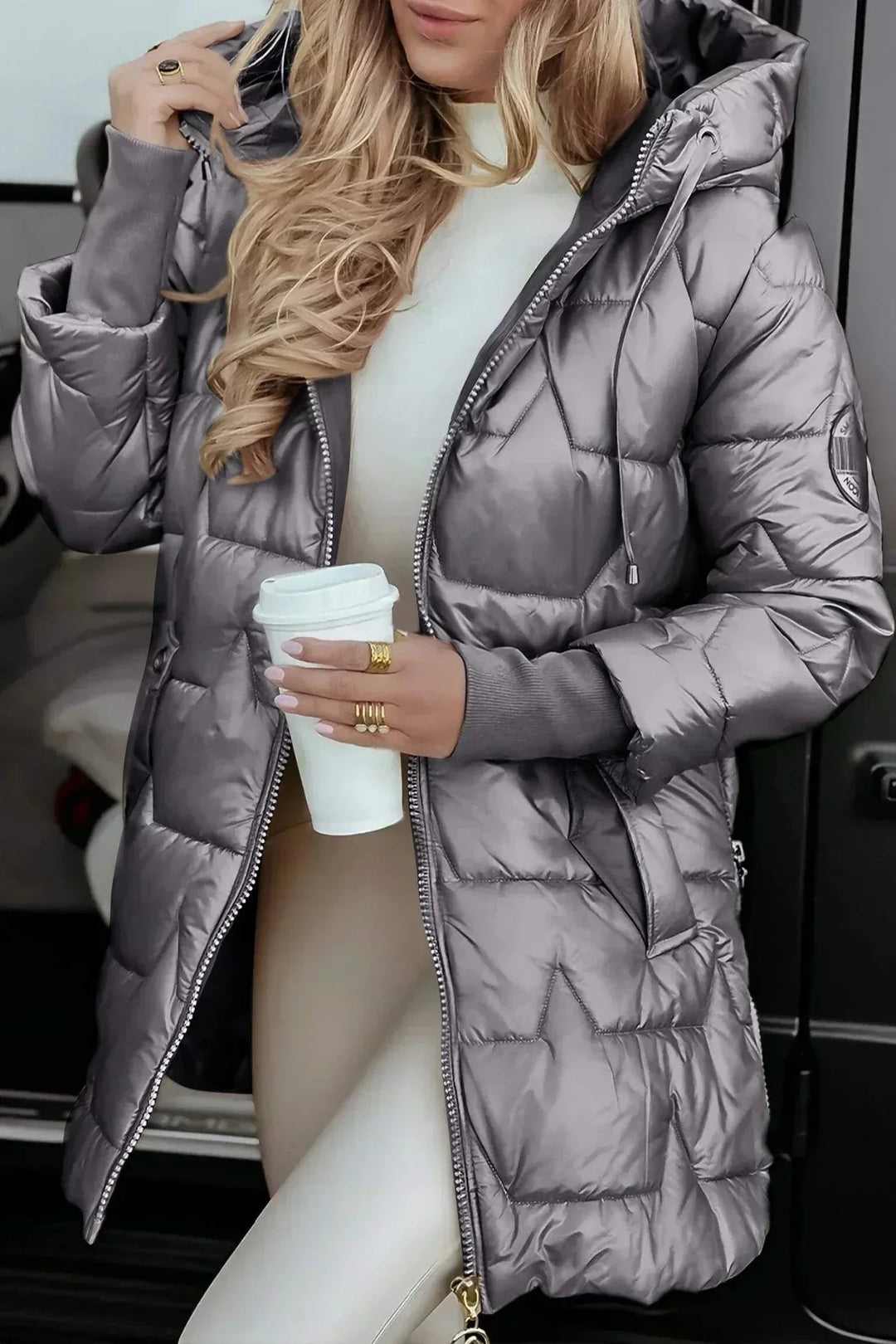 Women's Quilted Metallic Hooded Puffer Jacket – Full Zip Closure