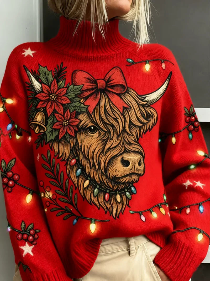 Women's Red Christmas Highland Cow Knit Sweater – Turtleneck And Lights