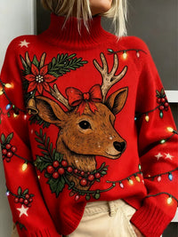 Women's Red Reindeer Print Knit Sweater – Turtleneck Design