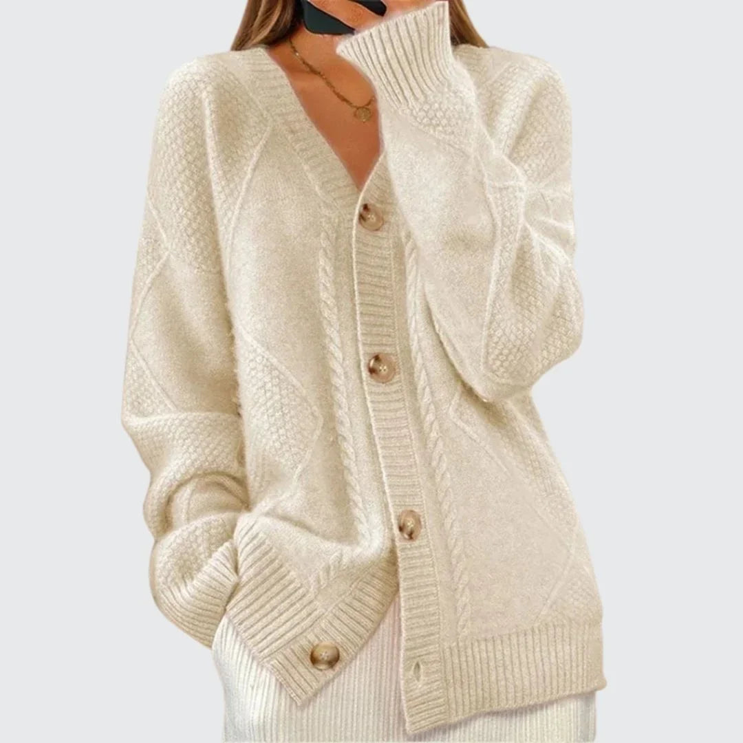 Women's Relaxed-Fit Cable Knit Cardigan Sweater – V-Neck Button-Front
