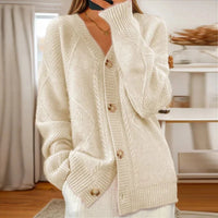 Women's Relaxed-Fit Cable Knit Cardigan Sweater – V-Neck Button-Front
