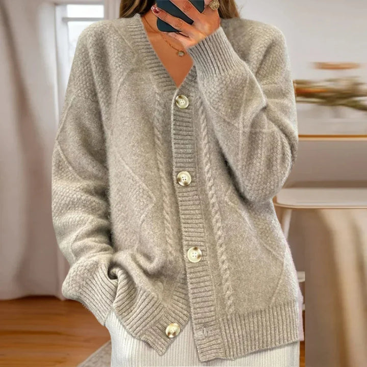 Women's Relaxed-Fit Cable Knit Cardigan Sweater – V-Neck Button-Front