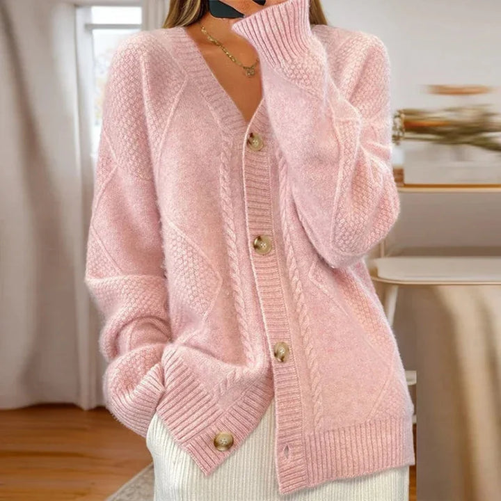 Women's Relaxed-Fit Cable Knit Cardigan Sweater – V-Neck Button-Front
