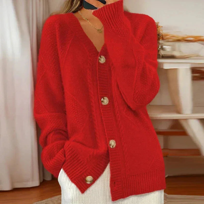 Women's Relaxed-Fit Cable Knit Cardigan Sweater – V-Neck Button-Front