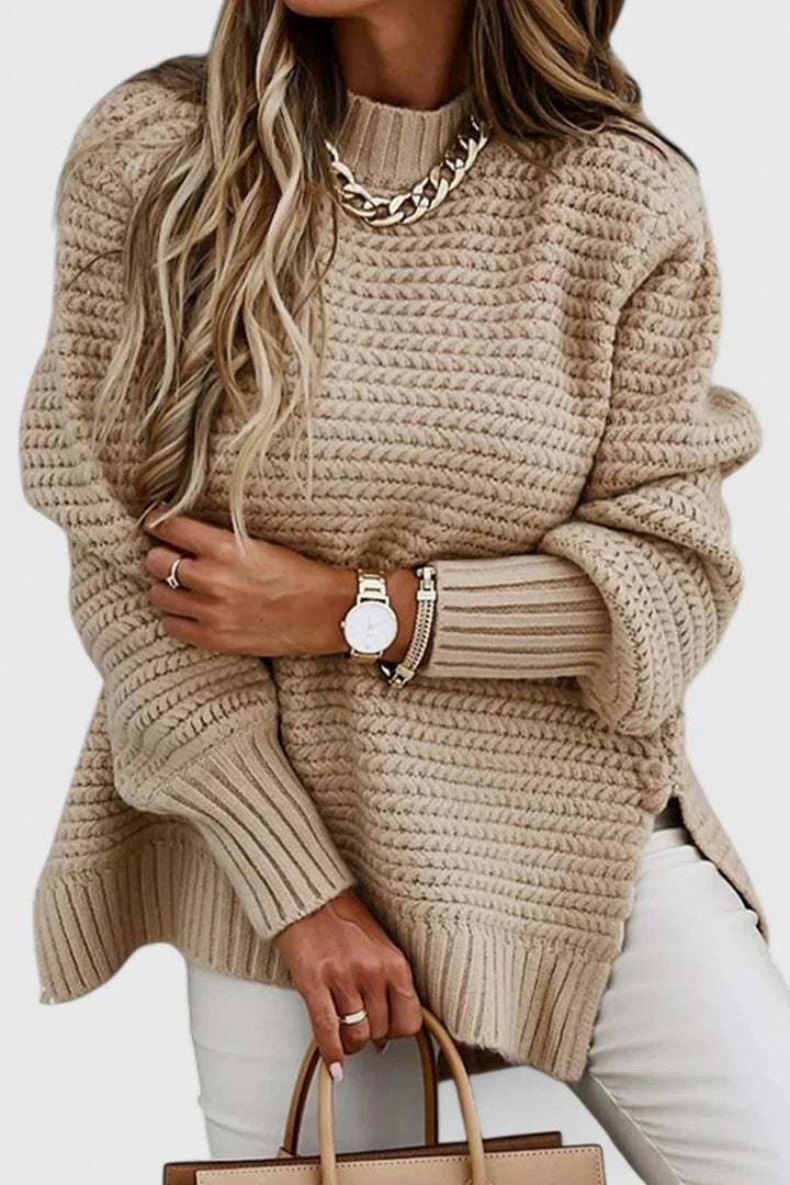 Women's Relaxed-Fit Chunky Knit Sweater – Mock Neck And Side-Slit Hem