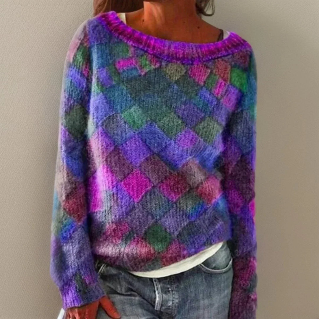 Women's Relaxed-Fit Diamond-Pattern Colorful Knit Sweater