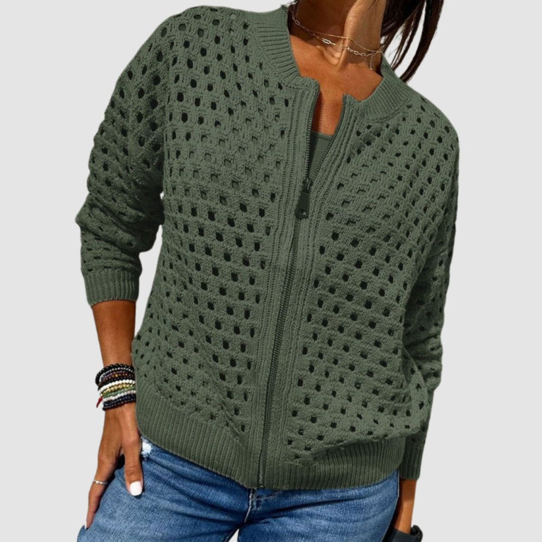 Women's Cardigan – Hollow-Knit Zip-Up