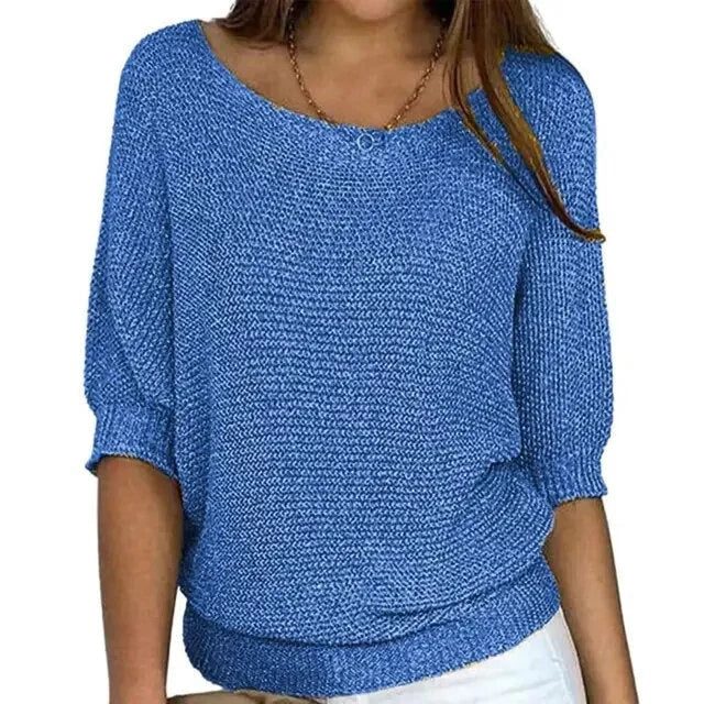 Women's Relaxed Fit Knitted Jumper, 3/4 Sleeve Scoop Neck