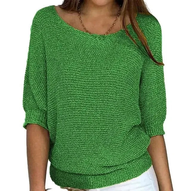 Women's Relaxed Fit Knitted Jumper, 3/4 Sleeve Scoop Neck