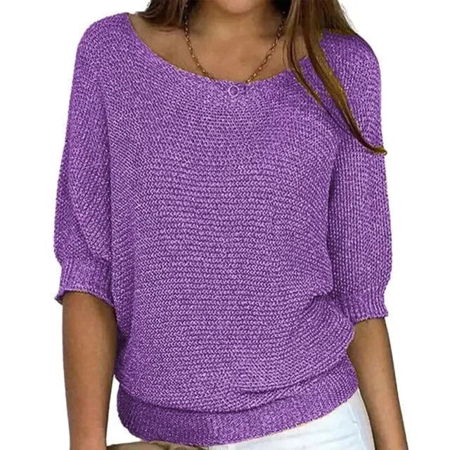 Women's Relaxed Fit Knitted Jumper, 3/4 Sleeve Scoop Neck