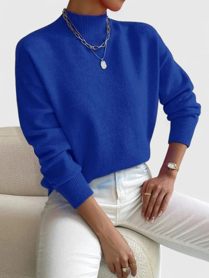 Women's Relaxed Fit Knit Sweater – High-Neck And Ribbed Cuffs