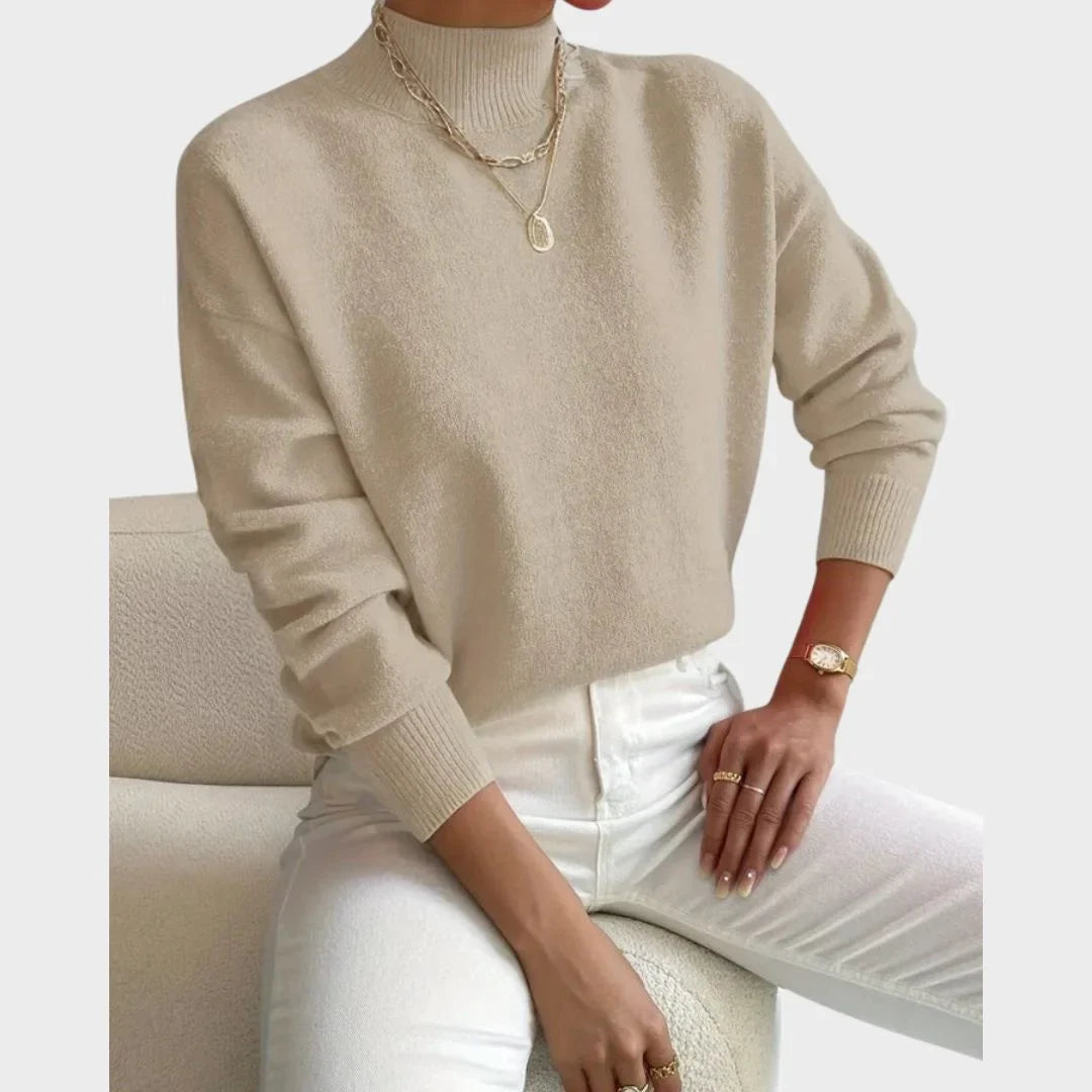 Women's Relaxed Fit Knit Sweater – High-Neck And Ribbed Cuffs