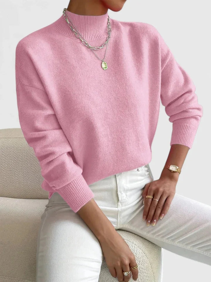 Women's Relaxed Fit Knit Sweater – High-Neck And Ribbed Cuffs