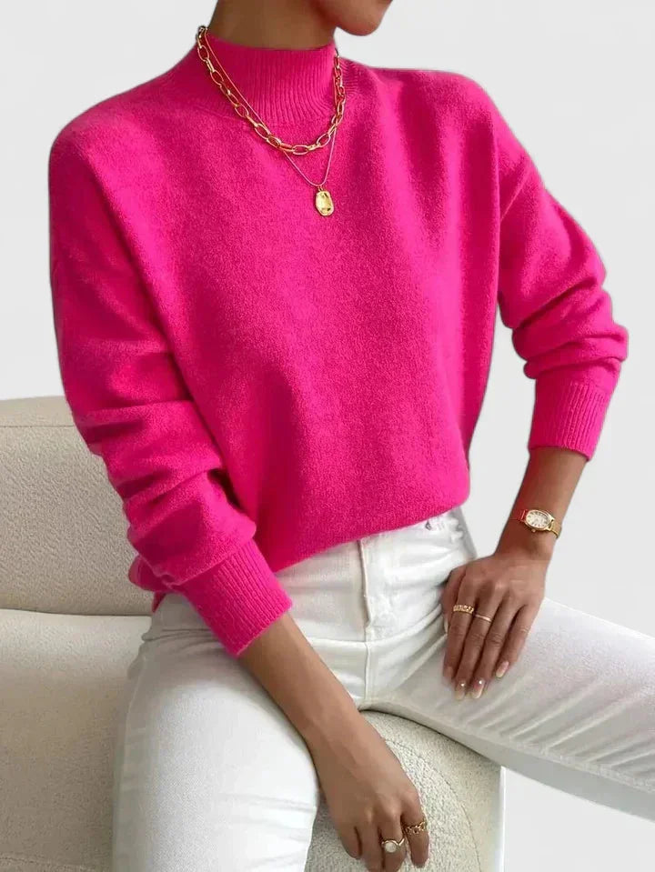 Women's Relaxed Fit Knit Sweater – High-Neck And Ribbed Cuffs