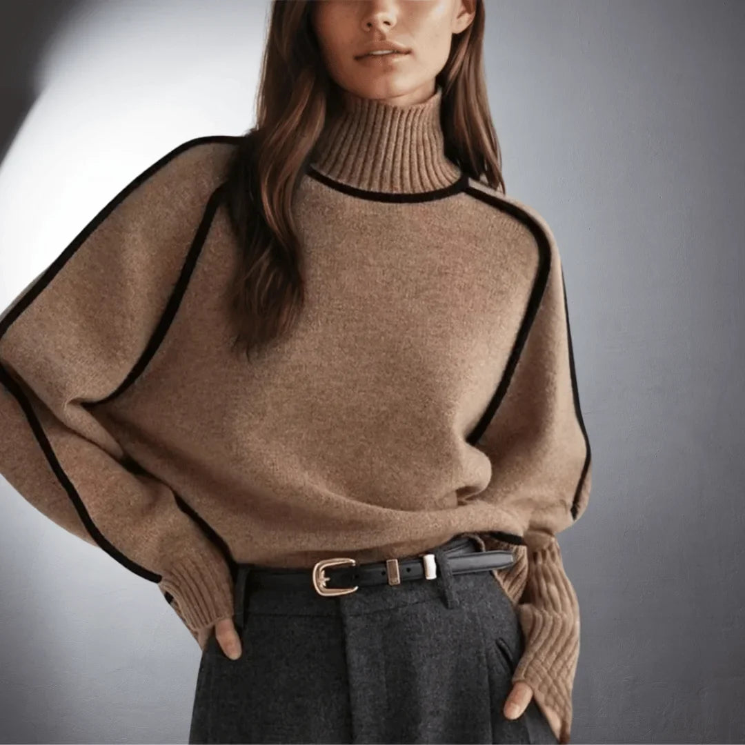 Women's Relaxed-Fit Knit Sweater – Turtleneck And Contrasting Raglan Sleeves