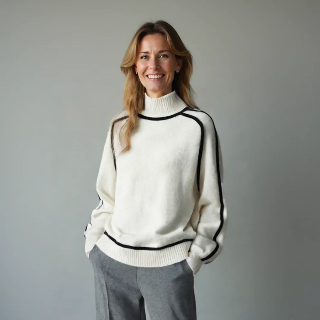 Women's Relaxed-Fit Knit Sweater – Turtleneck And Contrasting Raglan Sleeves