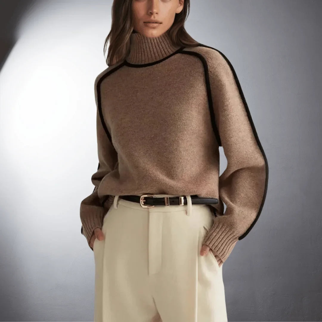 Women's Relaxed-Fit Knit Sweater – Turtleneck And Contrasting Raglan Sleeves