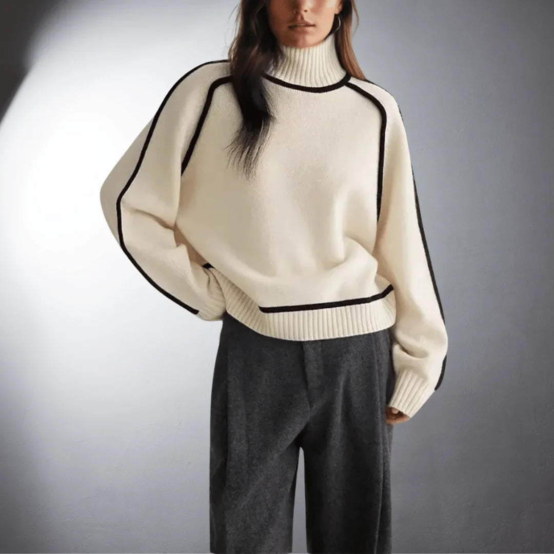 Women's Relaxed-Fit Knit Sweater – Turtleneck And Contrasting Raglan Sleeves