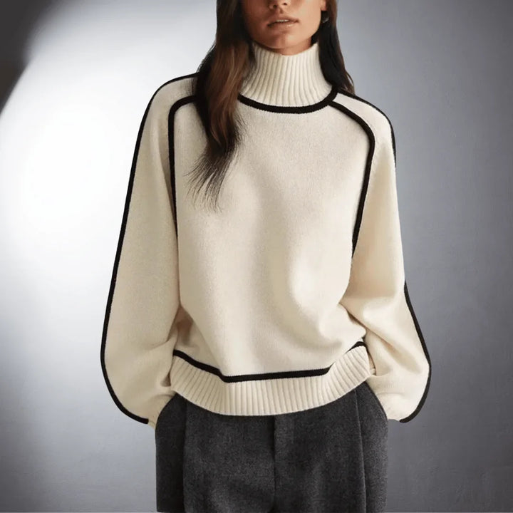 Women's Relaxed-Fit Knit Sweater – Turtleneck And Contrasting Raglan Sleeves