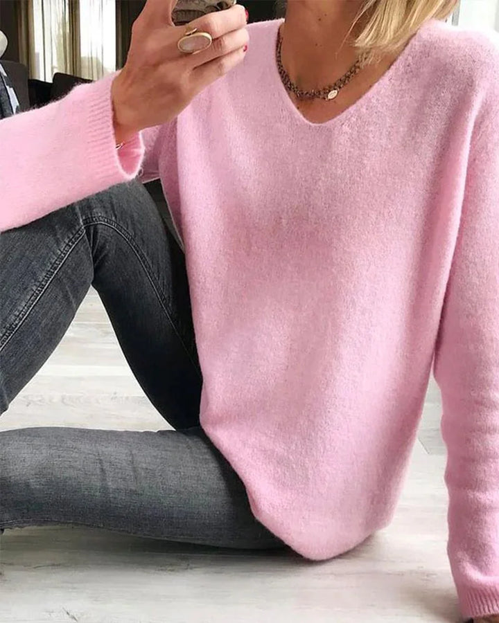 Women's Relaxed Fit Knit Sweater – V-Neck Long-Sleeve Design