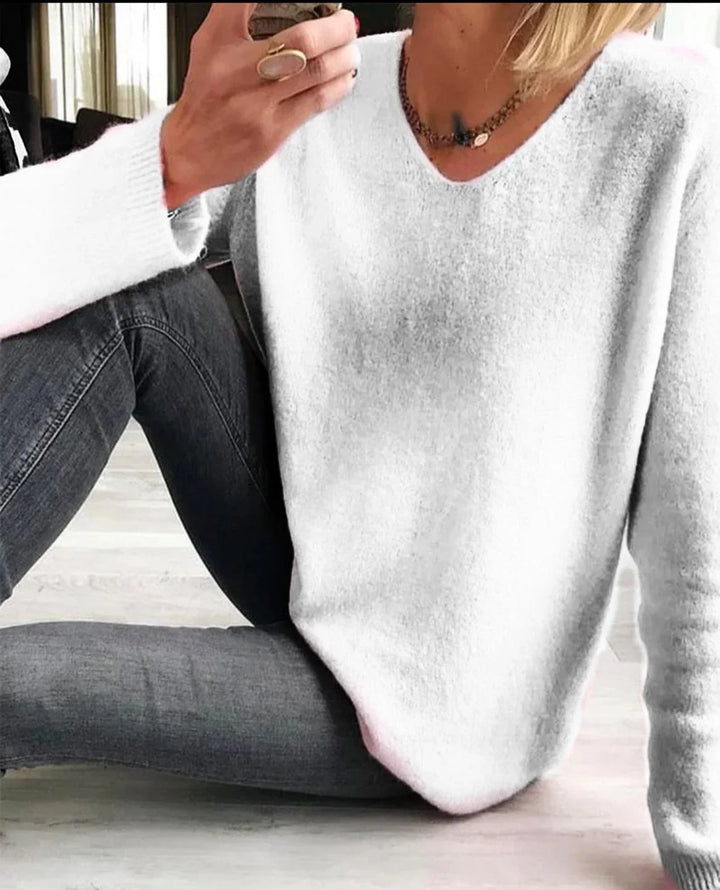 Women's Relaxed Fit Knit Sweater – V-Neck Long-Sleeve Design
