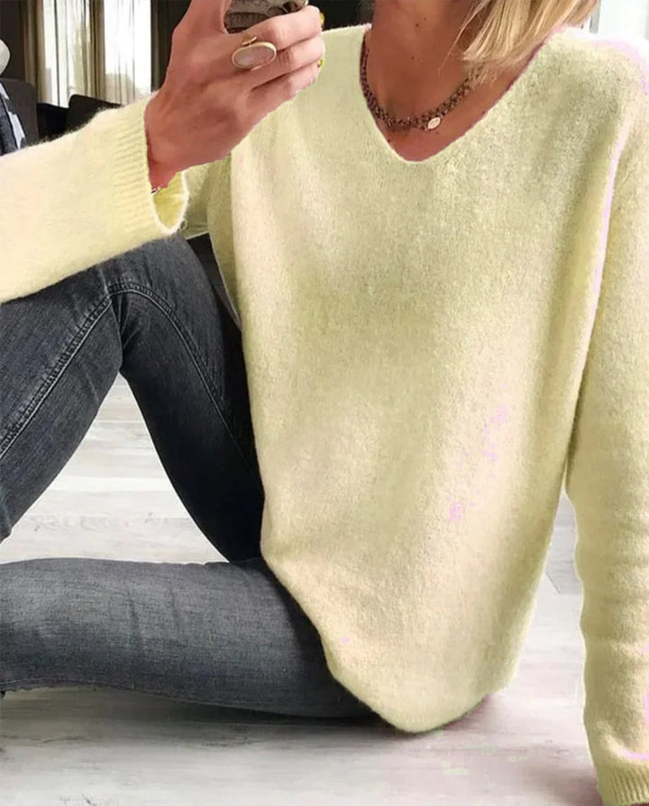 Women's Relaxed Fit Knit Sweater – V-Neck Long-Sleeve Design