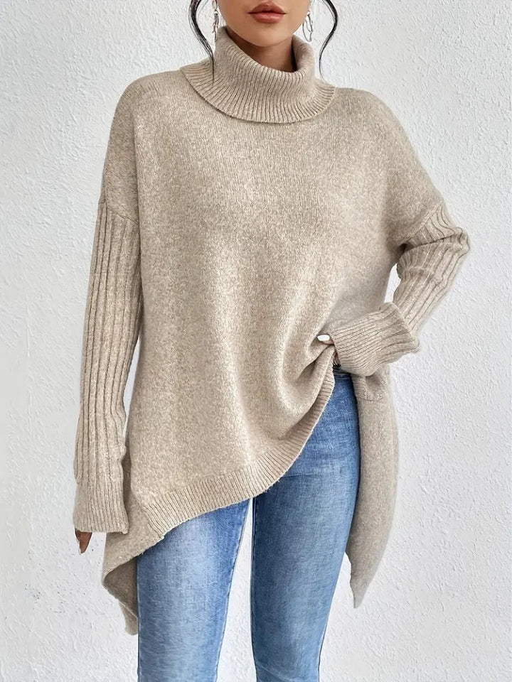 Women's Relaxed-Fit Long Sleeve Knit Sweater – Cowl-Neck And Asymmetric Hem