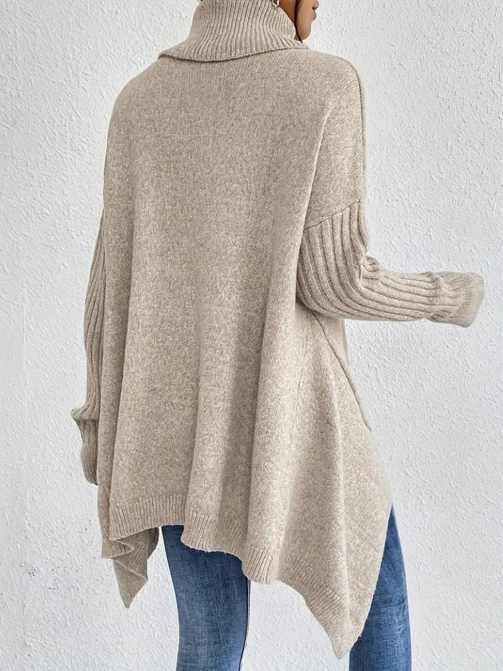 Women's Relaxed-Fit Long Sleeve Knit Sweater – Cowl-Neck And Asymmetric Hem