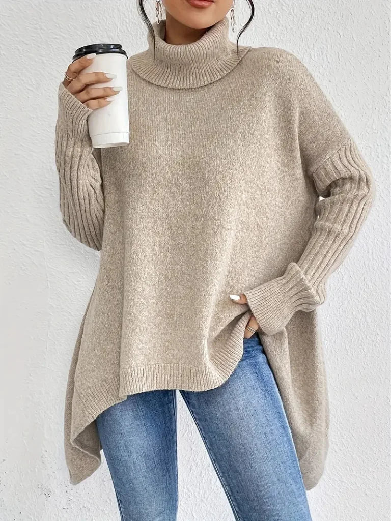 Women's Relaxed-Fit Long Sleeve Knit Sweater – Cowl-Neck And Asymmetric Hem