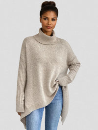 Women's Relaxed-Fit Long Sleeve Knit Sweater – Cowl-Neck And Asymmetric Hem