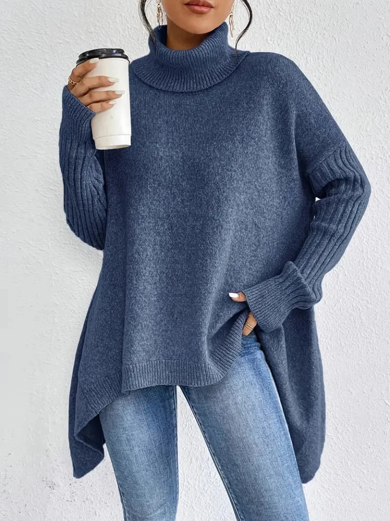 Women's Relaxed-Fit Long Sleeve Knit Sweater – Cowl-Neck And Asymmetric Hem