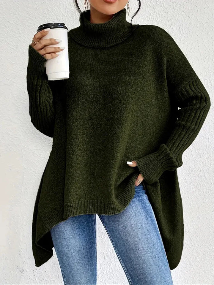 Women's Relaxed-Fit Long Sleeve Knit Sweater – Cowl-Neck And Asymmetric Hem