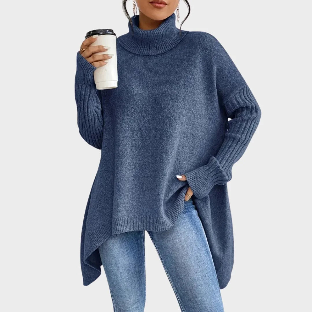 Women's Relaxed-Fit Long Sleeve Knit Sweater – Cowl-Neck And Asymmetric Hem