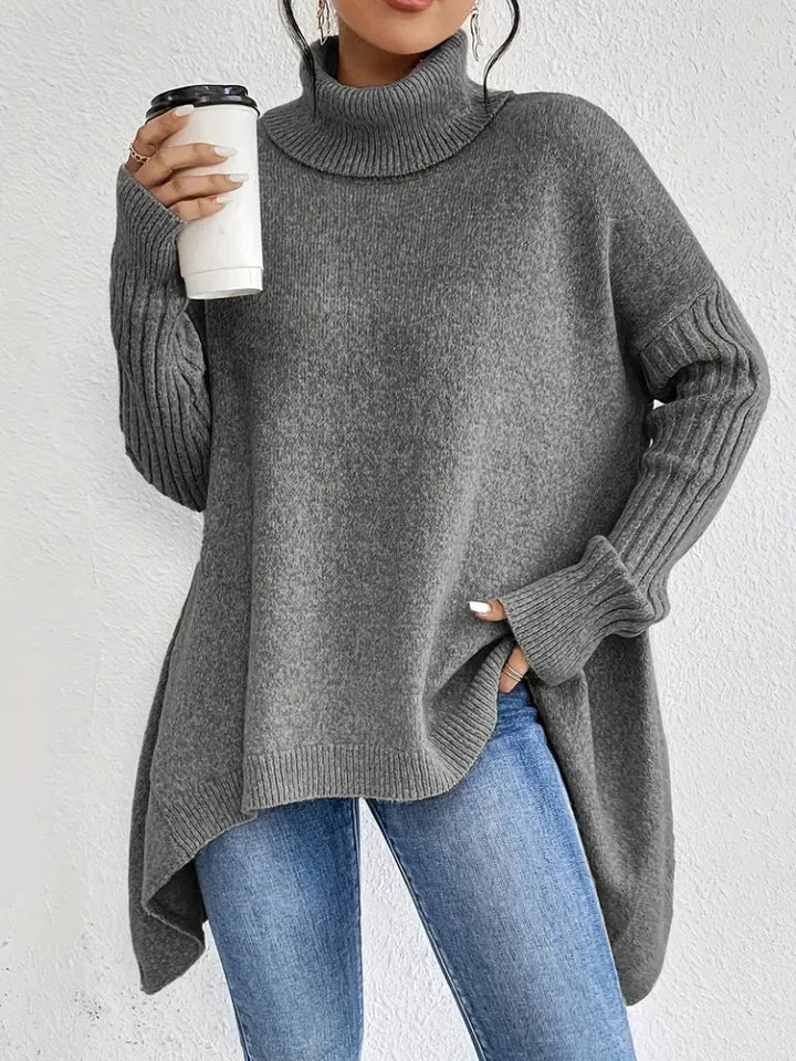 Women's Relaxed-Fit Long Sleeve Knit Sweater – Cowl-Neck And Asymmetric Hem