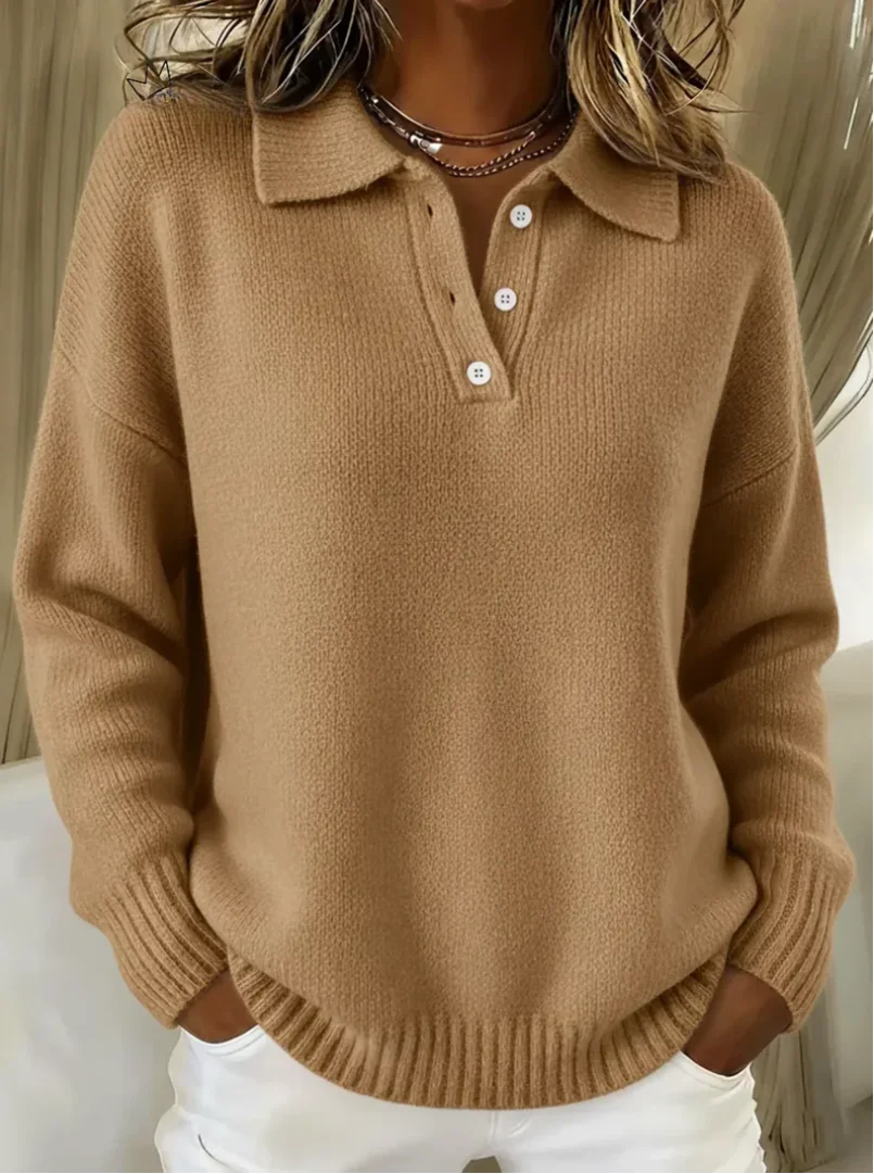 Women's Relaxed-Fit Long-Sleeve Polo Knit Sweater – Button Placket