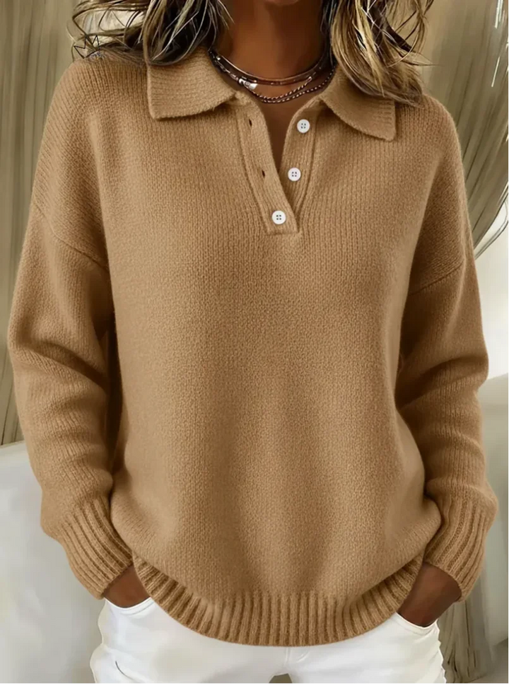 Women's Relaxed-Fit Long-Sleeve Polo Knit Sweater – Button Placket