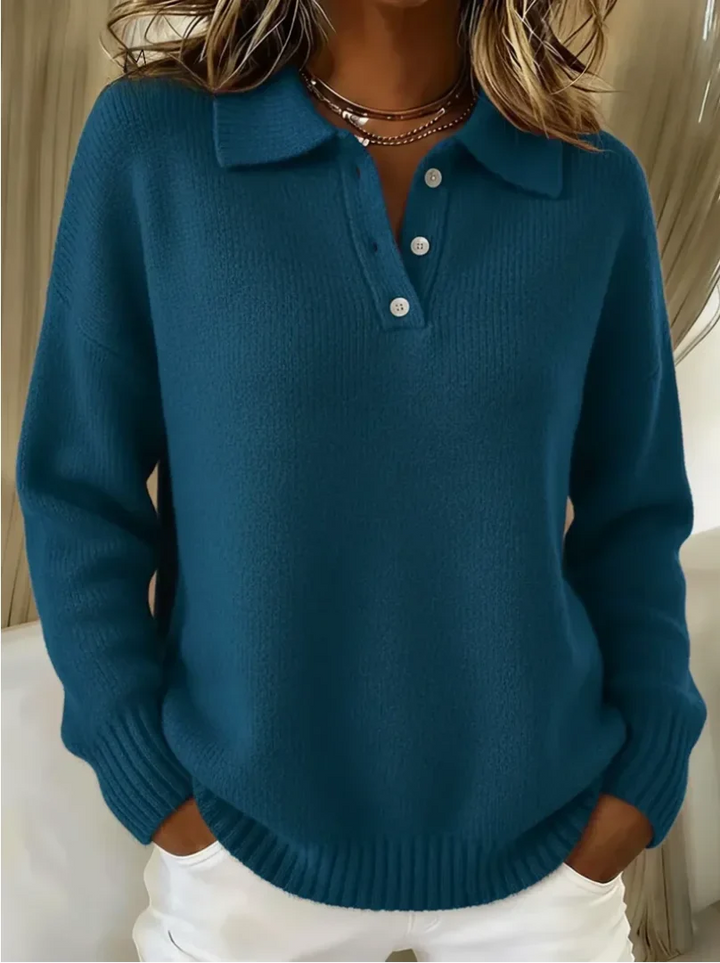 Women's Relaxed-Fit Long-Sleeve Polo Knit Sweater – Button Placket