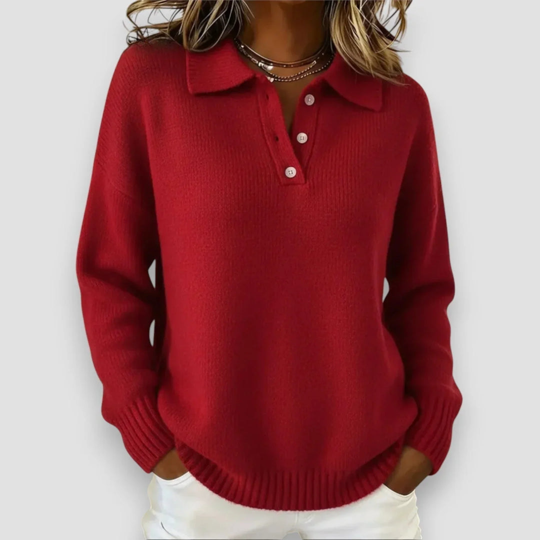 Women's Relaxed-Fit Long-Sleeve Polo Knit Sweater – Button Placket