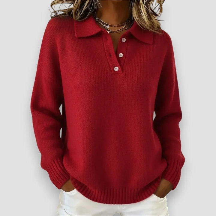 Women's Relaxed-Fit Long-Sleeve Polo Knit Sweater – Button Placket