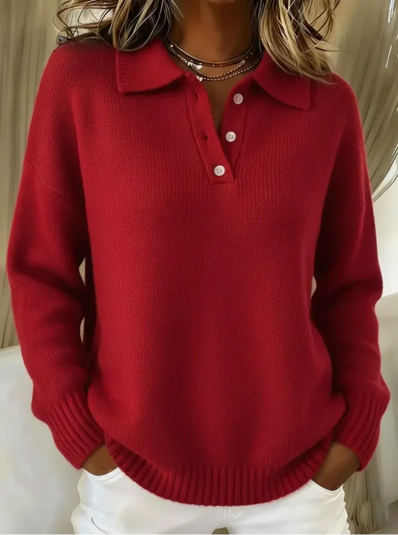 Women's Relaxed-Fit Long-Sleeve Polo Knit Sweater – Button Placket