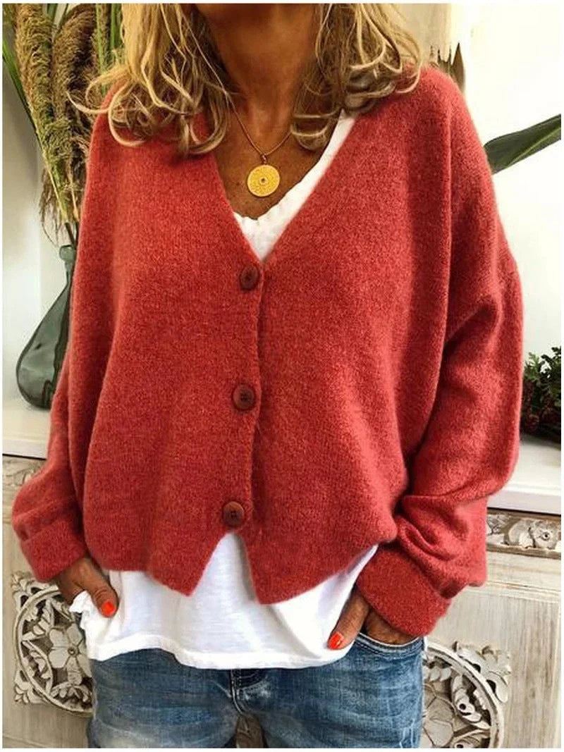 Women's Relaxed Knit Sweater Cardigan – V-Neck And Dropped-Shoulder Long Sleeves