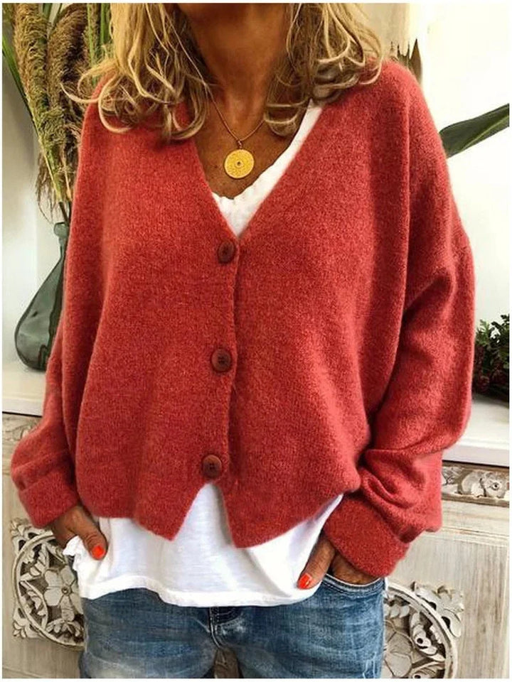 Women's Relaxed Knit Sweater Cardigan – V-Neck And Dropped-Shoulder Long Sleeves