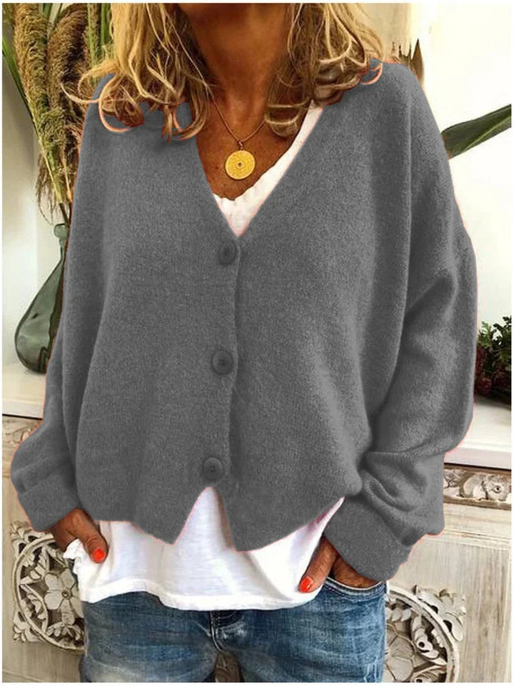 Women's Relaxed Knit Sweater Cardigan – V-Neck And Dropped-Shoulder Long Sleeves