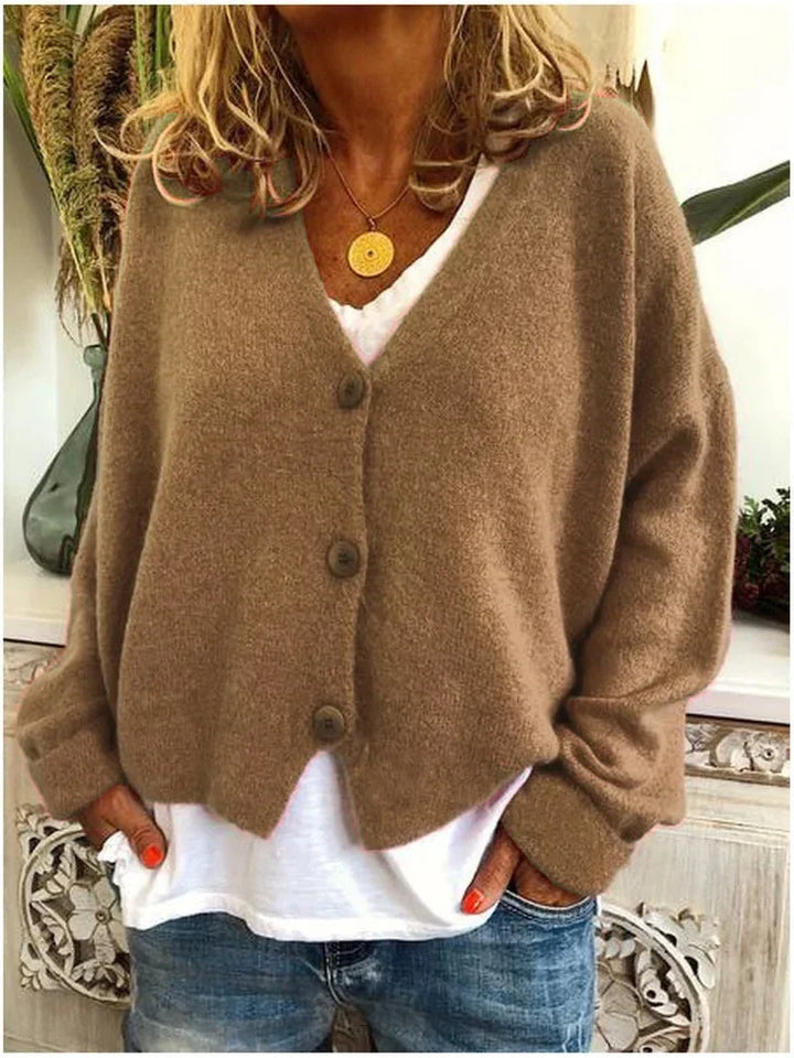 Women's Relaxed Knit Sweater Cardigan – V-Neck And Dropped-Shoulder Long Sleeves