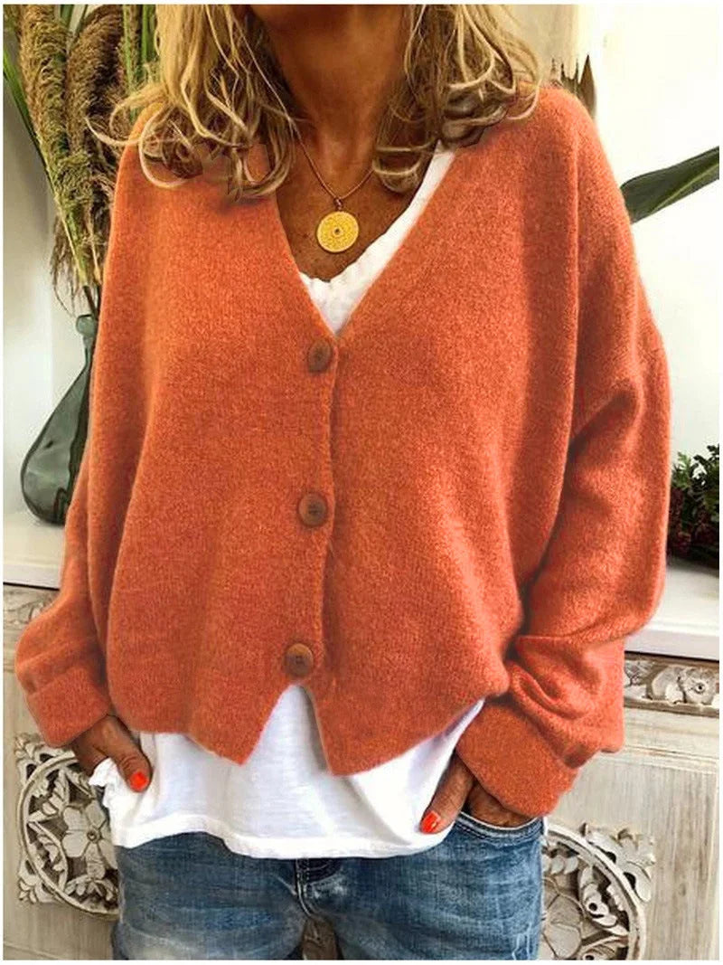 Women's Relaxed Knit Sweater Cardigan – V-Neck And Dropped-Shoulder Long Sleeves