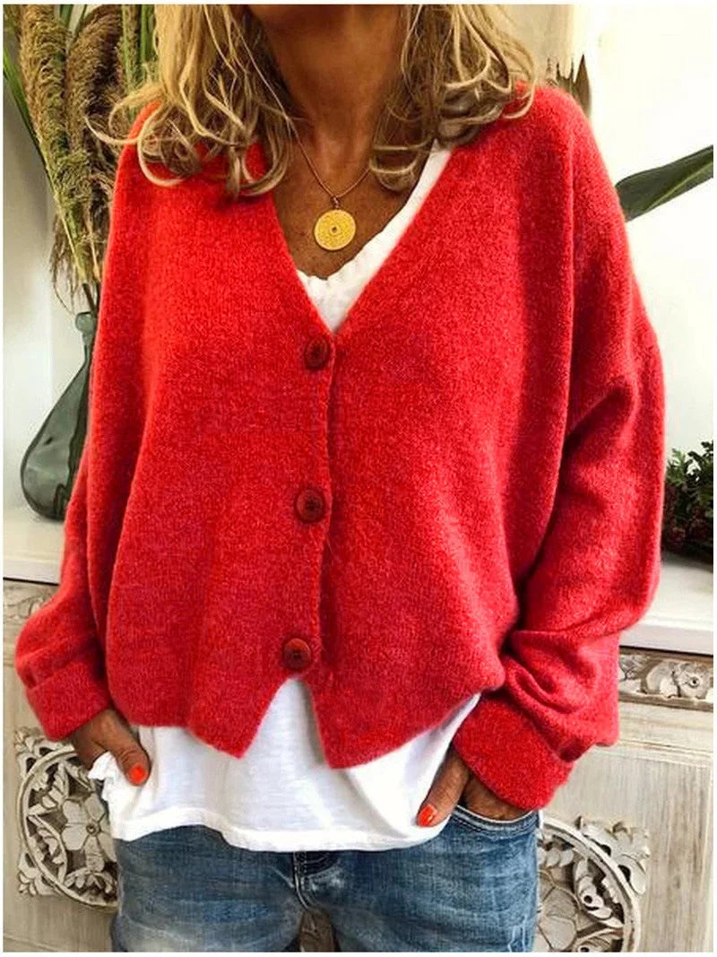Women's Relaxed Knit Sweater Cardigan – V-Neck And Dropped-Shoulder Long Sleeves