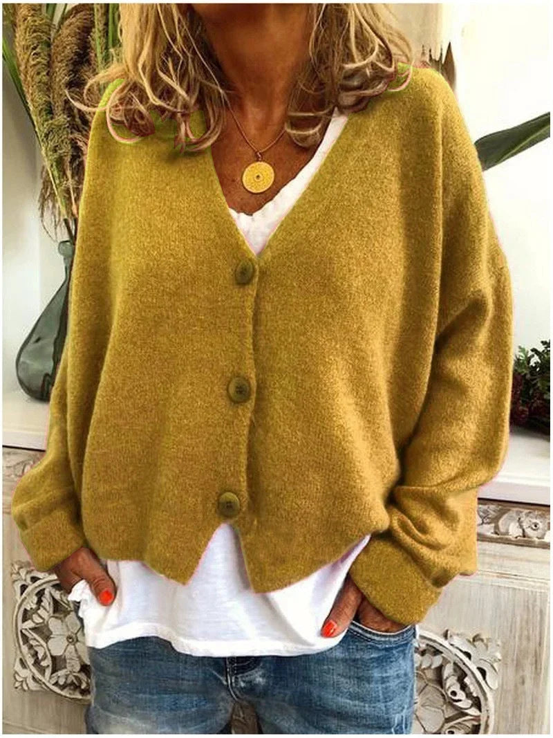 Women's Relaxed Knit Sweater Cardigan – V-Neck And Dropped-Shoulder Long Sleeves